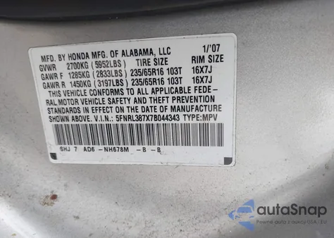 2007 Honda Odyssey Ex-L from USA, damaged, VIN 5FNRL387X7B044343